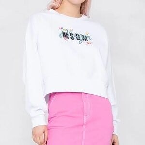 MSGM Milano Floral Logo Crew Neck Cropped Sweatshirt White Size L